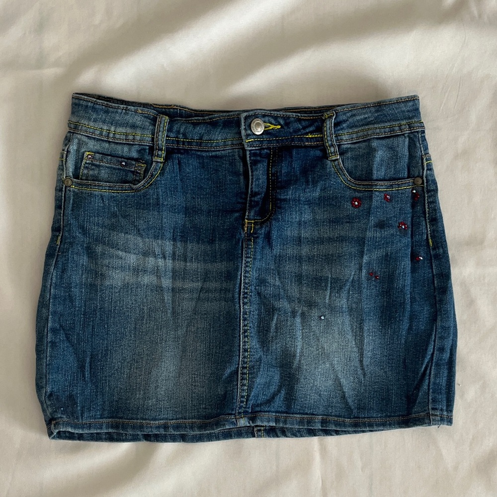 LEI Blue Denim Mini Skirt with Red Accents